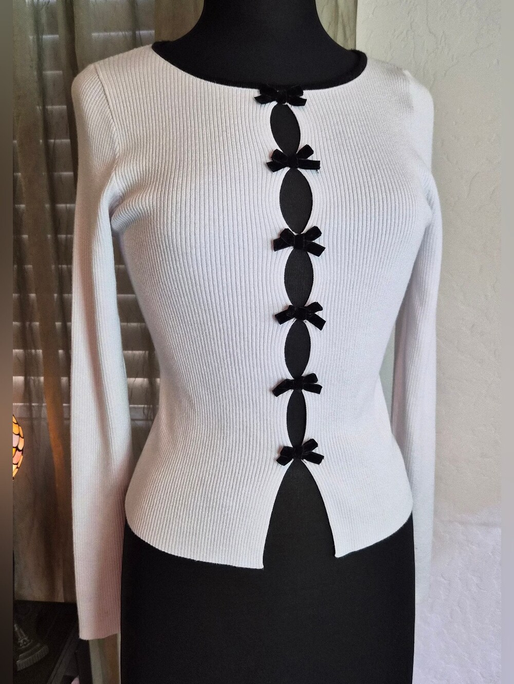 Charlotte Russe White Ribbed Top with Black Bows & Trim #0268